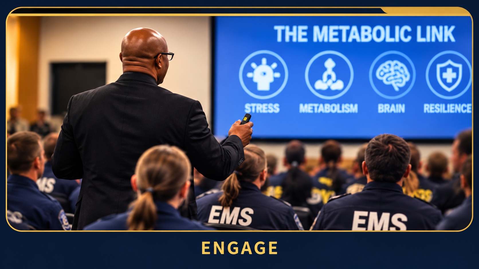 Arnell Dean presenting to EMS professionals, shown from behind