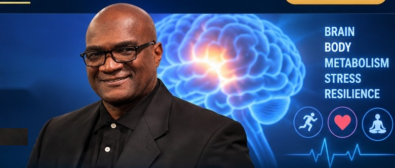 Arnell Dean pictured from the front beside a brain and metabolic health presentation graphic